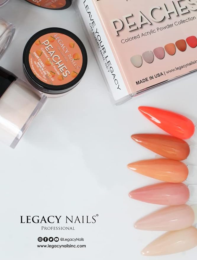 Legacy Nails Acrylic Powder Collection - PEACHES COLLECTION - 6 Colors Inspired by Wings - Professional DIY Nail Art Set for Dip & Acrylic Extensions