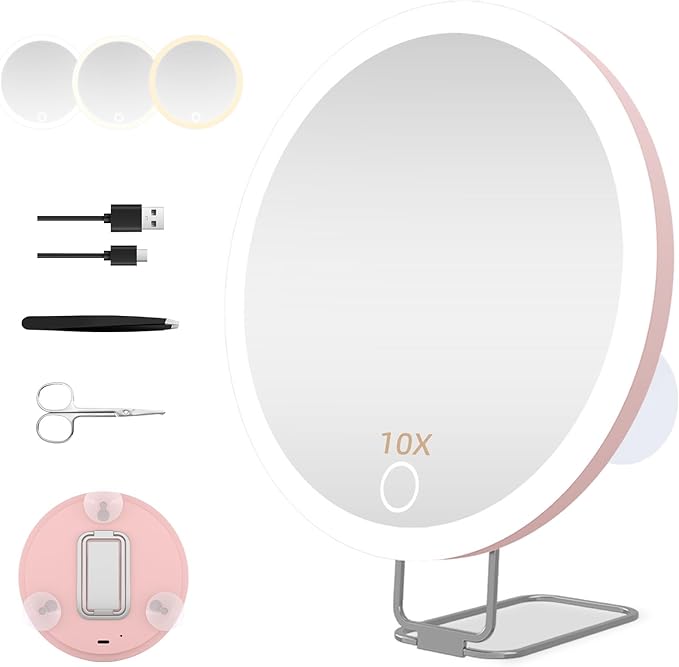 30x Magnifying Mirror with Light Large 6'' Lighted 30x Magnified Mirror with Suction Cups & Table Stand, Travel Magnifying Makeup Mirror with Light High Magnification with Tweezers Scissors