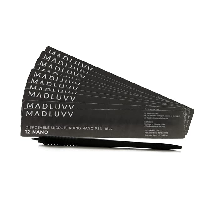 MADLUVV Nano 12 Professional Brow Artistry Pens for Flawless Eyebrows, Premium Pens for Pigment Ink, 18mm Sterile Disposable Micro Brow Sharp – 10 Pack