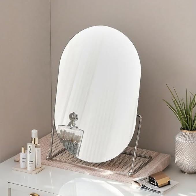 Vanity Desk Table Mirror Makeup Mirror for Desk, Adjustable Rotation Vintage Oval Tabletop Gold Make Up Mirrors for Women