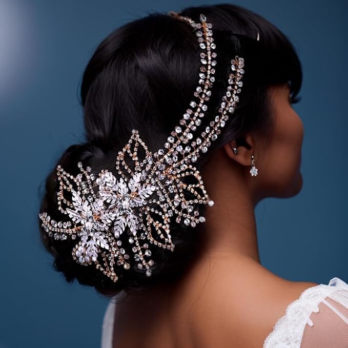 Wedding Head Pieces Crystal Bridal Hair Clips Women's Handmade Bridal Rhinestone Wedding Party Hair Accessories (Gold)