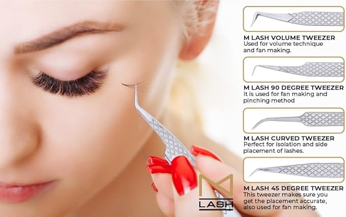 M LASH Tweezers for Eyelash Extensions (Set of 4) - Professional Lash Extension Tweezers - Fiber Tip, Japanese Steel, Diamond Grip Eyelash Extension Tweezer (Gold)