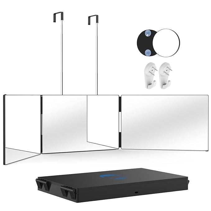 3 Way Mirror with 10X Magnifying Mirror, 360 Trifold Barber Mirror for Self Cutting and Braiding Hair, 3 Sided Mirror with Adjustable Hooks, Portable Makeup Mirror to see back of head