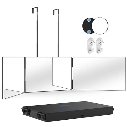 3 Way Mirror with 10X Magnifying Mirror, 360 Trifold Barber Mirror for Self Cutting and Braiding Hair, 3 Sided Mirror with Adjustable Hooks, Portable Makeup Mirror to see back of head