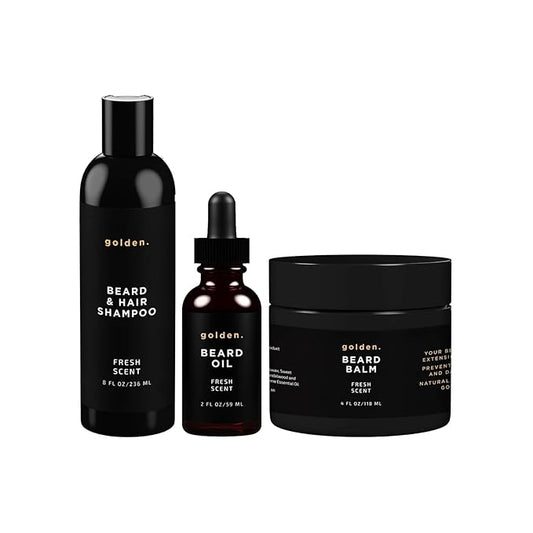Golden Grooming Co. Everyday Beard Bundle – Complete Beard Care Set | Includes Beard Oil, Balm & Shampoo (XL, Fresh Scent)