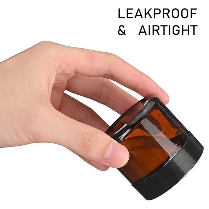 2 oz Round Amber Glass Jars, Bumobum 70 pack Cream Jars with Black Lids, Black and White Labels & Inner Liners, Empty Cosmetic Containers for Cream, Lotion