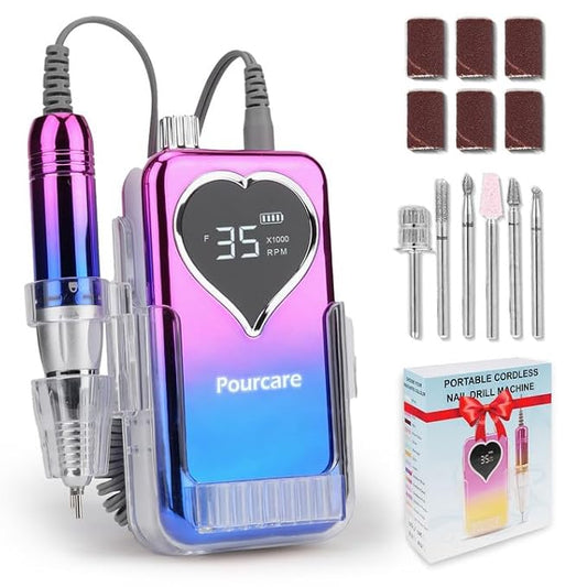 Electric Professional Nail Drill 35000 RPM,Electric Nail File Efile Machine Set,Rechargeable Acrylic Nail Tool Kit,Manicure Pedicure Gel Grinder Polish for Home Salon Teach(Sunset Blue)