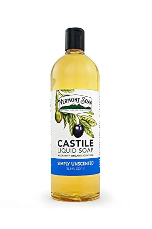 Vermont Castile Unscented Gentle Liquid Soap for Sensitive Skin, Natural Body Wash, Organic Hair Shampoo for Oily Hair, Aloe for Men & Women - 33.8 Oz