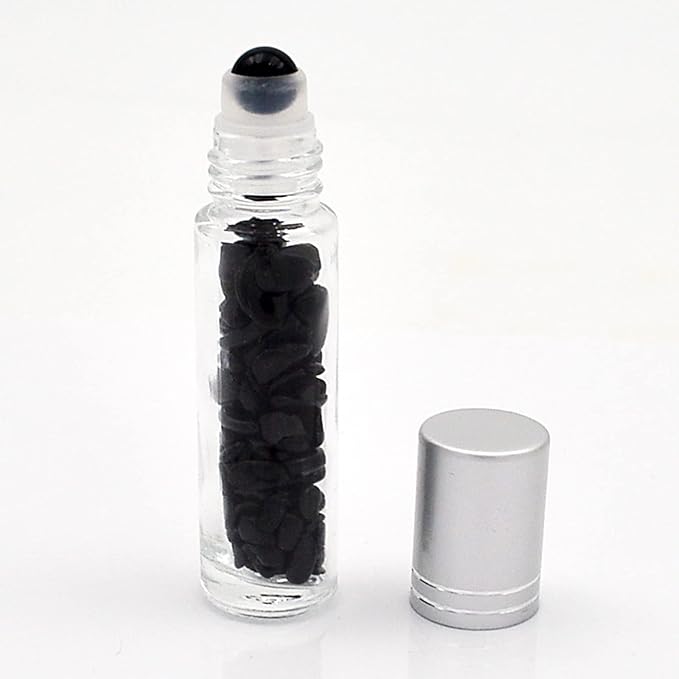 Essential Oil Roller Bottle 10ml w EVA Carrying Travel Case（Clear Glass Bottle with silver Cap、10pack、Gemstone Roller Balls、Crystal Chips Inside、Opener Gemstone Roller Ball Bottles