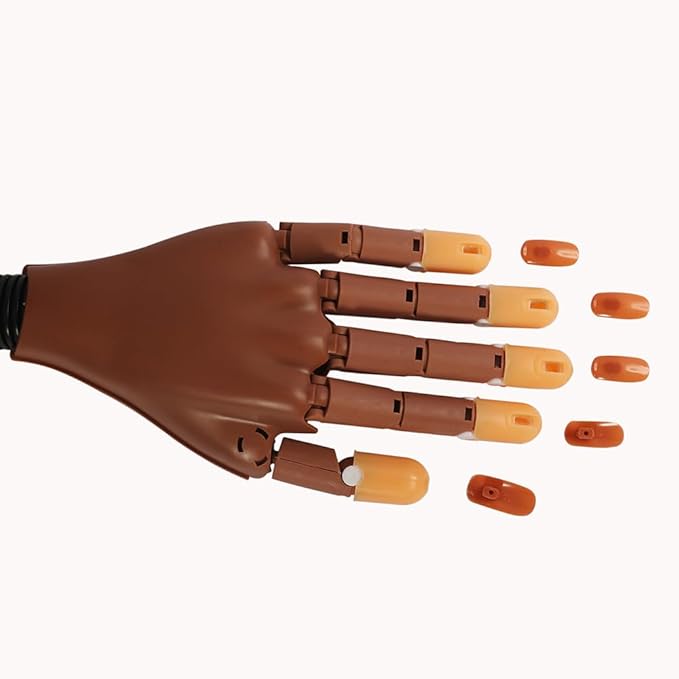 Practice Hand For Acrylic Nails Adjustable Flexible Nail Practice Hands Training Movable Nail Manicure Hand with 300 Brown Nail Tips and 1pc File 1pc Brush 1 pc Nail Buffer and 1 pc Clipper