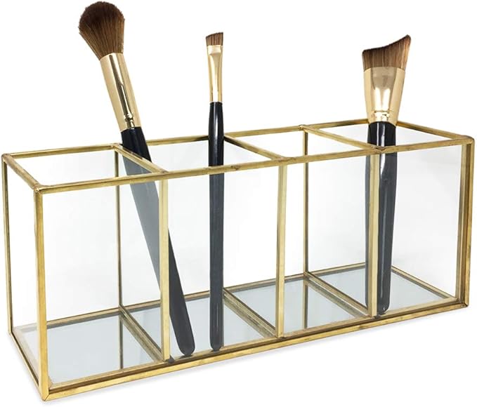 Isaac Jacobs 4-Compartment Organizer- Makeup Brush Holder- Vintage Style Brass and Glass Storage Solution with Mirror Base- Office, Bathroom, Kitchen Supplies and More (Antique Gold)