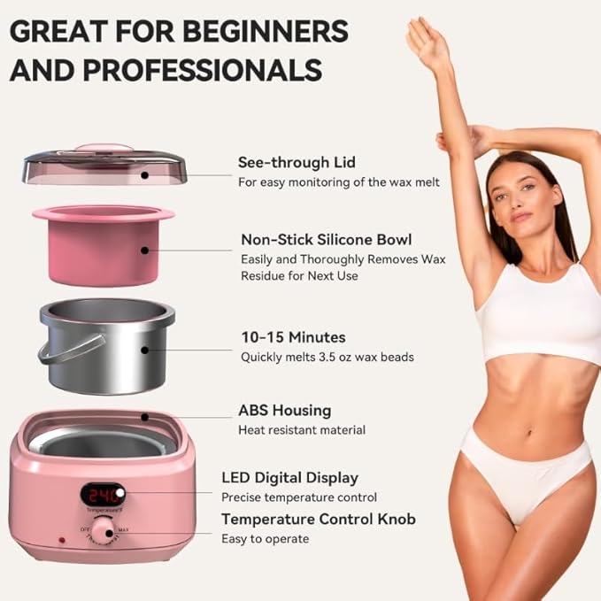 Waxing Kit for Women Men, Digital Wax Kit with Silicone Bowl & 4 Bags Hard Wax Beads, Portable Wax Warmer for Sensitive Skin Full Body Hair Removal, Brazilian Bikini, Eyebrow, Face (Pink)