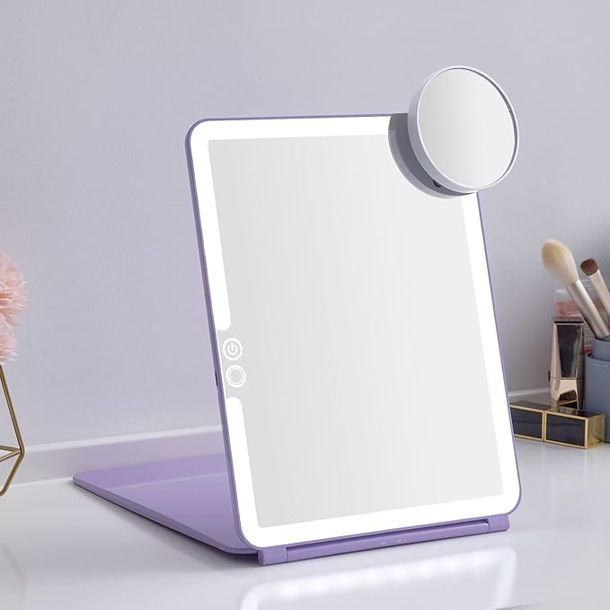 LED Foldable Travel Makeup Mirror - 7x9 inches 3 Colors Light Modes USB Rechargeable Touch Screen, Portable Tabletop Cosmetic Mirror for Travel, Cosmetic, Office (Violet)