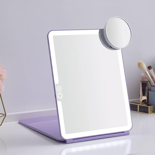 LED Foldable Travel Makeup Mirror - 7x9 inches 3 Colors Light Modes USB Rechargeable Touch Screen, Portable Tabletop Cosmetic Mirror for Travel, Cosmetic, Office (Violet)
