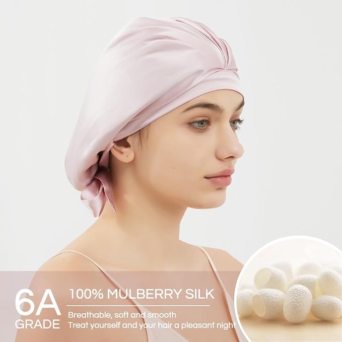 RachelSilk 100% Mulberry Silk Sleep Cap, Grade 6A 19 Momme Silk for Women Hair Care, Night Bonnet with Elastic Stay On Head, Sleep Cap After Shower, for Small -Medium Head Size (Pale Pink)