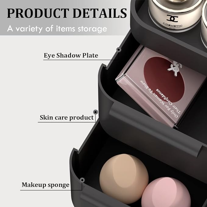 Makeup Organizer for Vanity, Bathroom Countertop Storage Display Boxes Case,Stackable Cosmetic Holder for Jewelry Hair Accessories Beauty Skincare Product Organizing with drawer organizer tray, Black