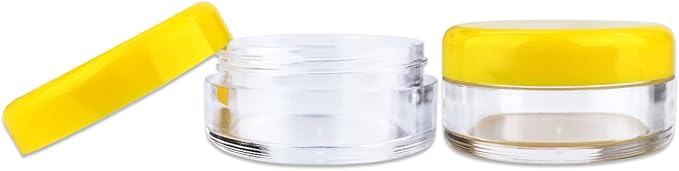 (Quantity: 100 Pieces) Beauticom 5G/5ML Round Clear Jars with Yellow Lids for Scrubs, Oils, Toner, Salves, Creams, Lotions, Makeup Samples, Lip Balms