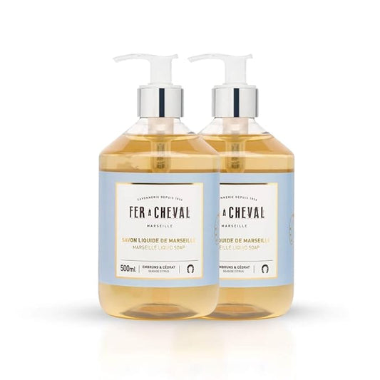 Fer à Cheval Marseille Liquid Soap, Luxury French Liquid Soap, Savon Liquide De Marseille, Seaside Citrus 500ml, Set of 2, 16.9 f oz