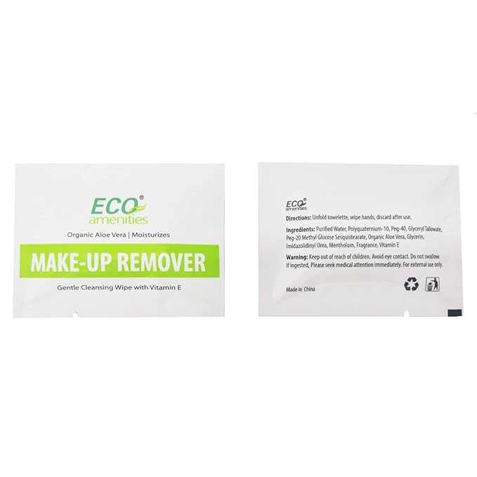 ECO Amenities 20 Count Makeup Remover Wipes with Aloe Vera and Vitamin E Individually Wrapped Facial Towelettes Skin Cleansing Wipes
