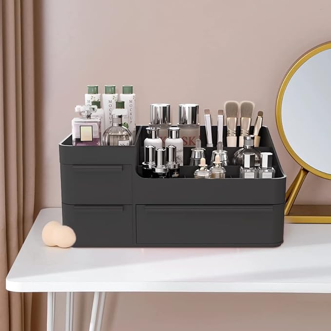 Makeup Organizer for Vanity, Bathroom Countertop Storage Display Boxes Case,Stackable Cosmetic Holder for Jewelry Hair Accessories Beauty Skincare Product Organizing with drawer organizer tray, Black
