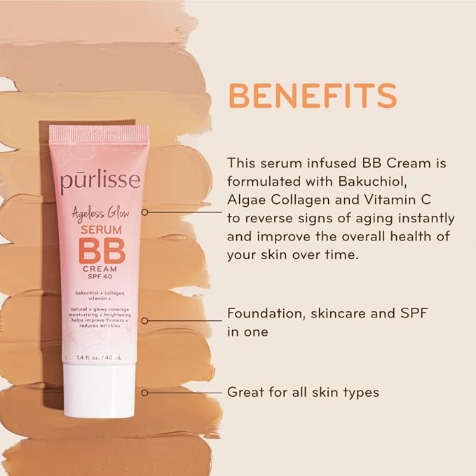 pūrlisse Ageless Glow Serum BB Cream SPF 40 - Glow BB Cream with SPF Enriched with Bakuchiol & Vitamin C to Help Improve Firmness & Reduce Wrinkles for Dewy Skin - Medium Tan (1.4 oz)