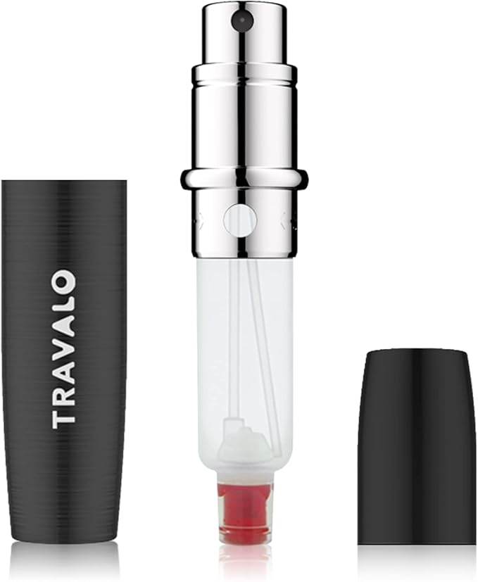 Travalo LUX Perfume Atomizer | Travel Refill U-Change System TSA Approved | Reusable Airtight Easy Fill Mini Pump Sprayer | Lightweight Portable | Brushed Polished Metal Alloy Outer Shell Black 0.17oz