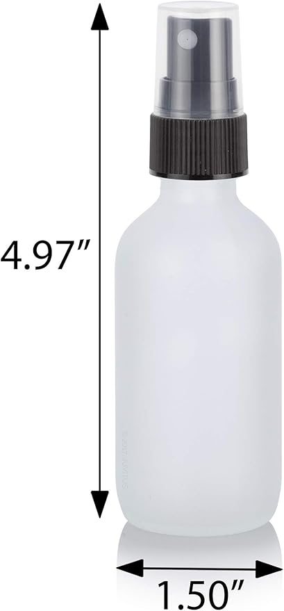 JUVITUS 2 oz Frosted Clear Glass Boston Round Bottle with Black Mist Spray (12 Pack) for Cosmetics, serums, Carrier and Essential Oils, Aromatherapy