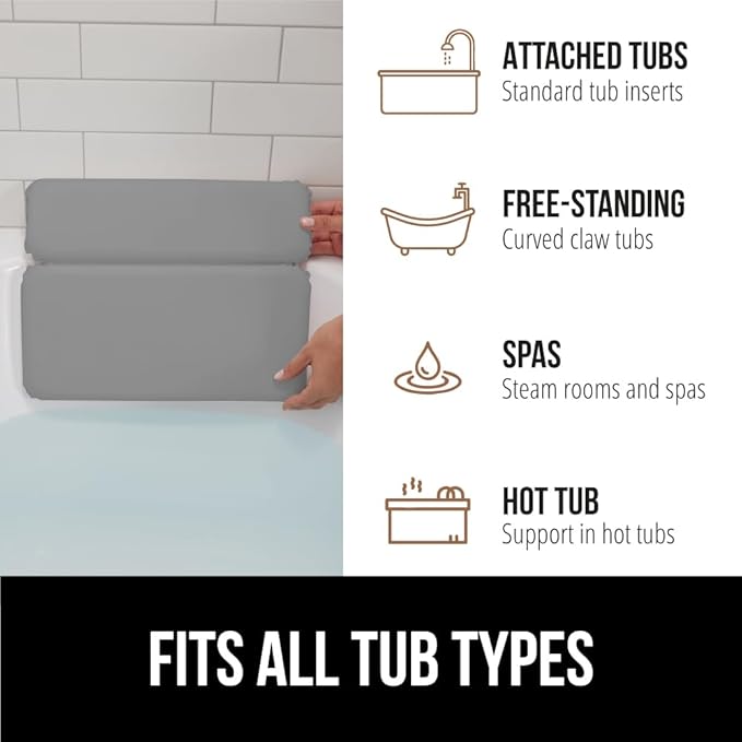 GORILLA GRIP Bath Pillow for Tub, Improved Suction Cups, Luxury Bathtub Pillows, Headrest for Neck and Back Support, Relaxing Home Spa, Hot Tubs and Bathroom Essentials, Gifts for Women, 2 Panel Gray