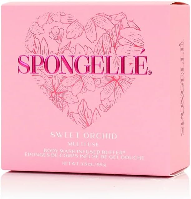 Spongellé Sweet Orchid Heart Buffer – Exfoliating Body Wash Infused Sponge with Orchid Scent – Perfect for Valentine's & Mother's Day Gifts
