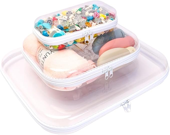 3PCS Clear Hard Shell Zipper Cases, Portable Clear Organizer Pouches for Home Storage, Double Zippered Plastic Travel Case, Cosmetic Bag for Make Up Tools, Toiletries, Toy Storage(White)