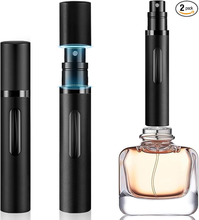 8ml Perfume Atomizer Travel Refillable,Mini Cologne Dispenser, Bottom-Filling Fragrances Perfumes Bottle,Portable Sprayer Pocket Size for Women Men Cruise Car Trip Gift 2pcs (Black-Black)