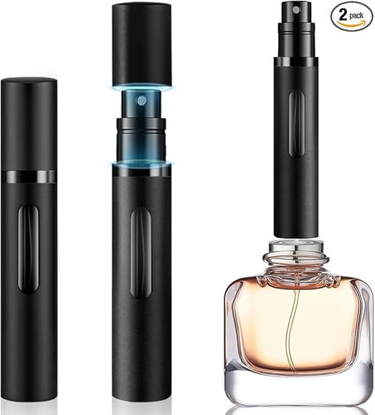 8ml Perfume Atomizer Travel Refillable,Mini Cologne Dispenser, Bottom-Filling Fragrances Perfumes Bottle,Portable Sprayer Pocket Size for Women Men Cruise Car Trip Gift 2pcs (Black-Black)