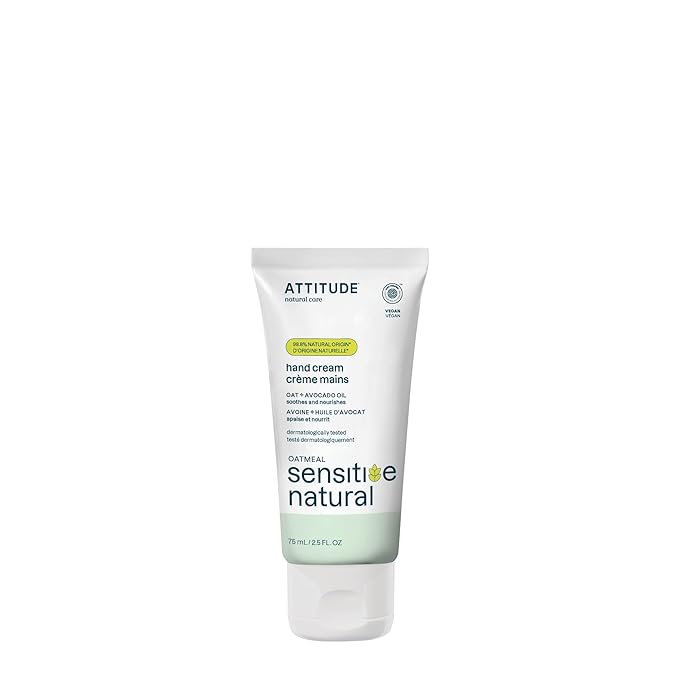 ATTITUDE Hand Cream for Sensitive Skin with Oat, EWG Verified, Dermatologically Tested, Vegan, Avocado Oil, 2.5 Fl Oz