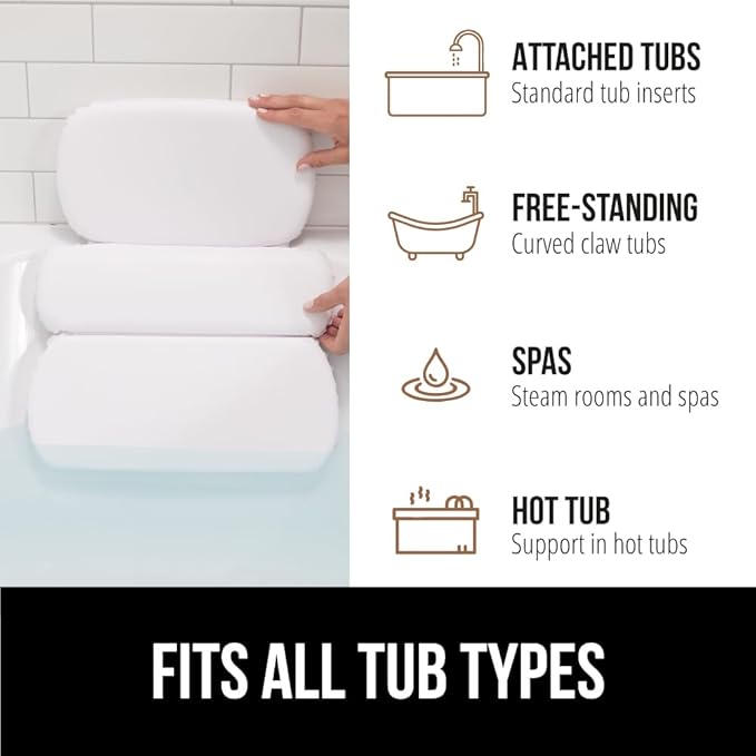 GORILLA GRIP Bath Pillow for Tub, Improved Suction Cups, Luxury Bathtub Pillows, Headrest for Neck and Back Support, Relaxing Home Spa, Hot Tubs and Bathroom Essentials, Gifts for Women, 3 Panel White