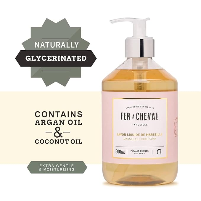 Fer à Cheval Marseille Liquid Soap, French Savon Liquide De Marseille, Luxury Rose Scented Liquid Marseille Soap, Rose Petals, 500ml/16.9fl oz