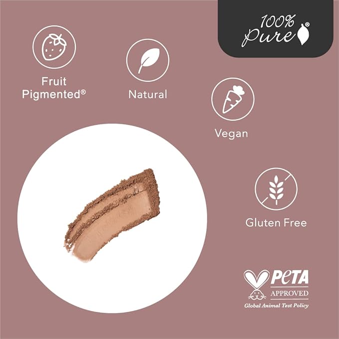 100% PURE Powder Foundation Matte Finish Face Makeup - Oil Absorbing Pressed Poreless Concealer - Vegan Fruit Pigmented Toffee Color (Tan Shade w/Neutral Undertones) - 0.32 Oz