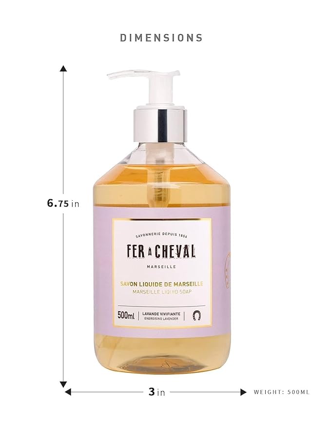 Fer à Cheval Savon Liquide De Marseille Soap, Luxury French Hand Soap Energizing Lavender Liquid Savon Marseille Soap, 500ml/16.9fl oz