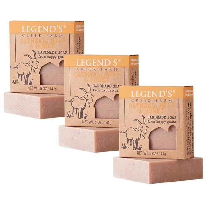 Legend's Creek Farm Goat Milk Soap - Cleansing Moisturizing Soap Bar for Hands and Body - 5 Oz Creamy Lather, Nourishing, Gentle Natural Soap for Sensitive Skin (Oatmeal, Milk & Honey, Pack of 3)