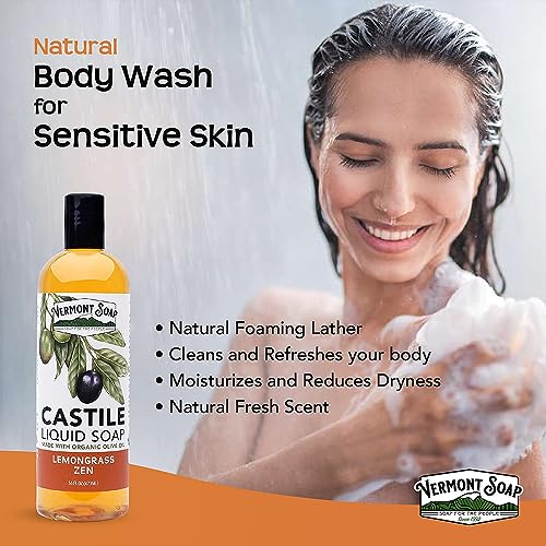 Vermont Castile Lemongrass Zen Soap, Gentle Liquid Soap for Sensitive Skin & Natural Body Wash, Organic Hair Shampoo for Oily Hair, Aloe Castile Soap for Men & Women - 16 Oz