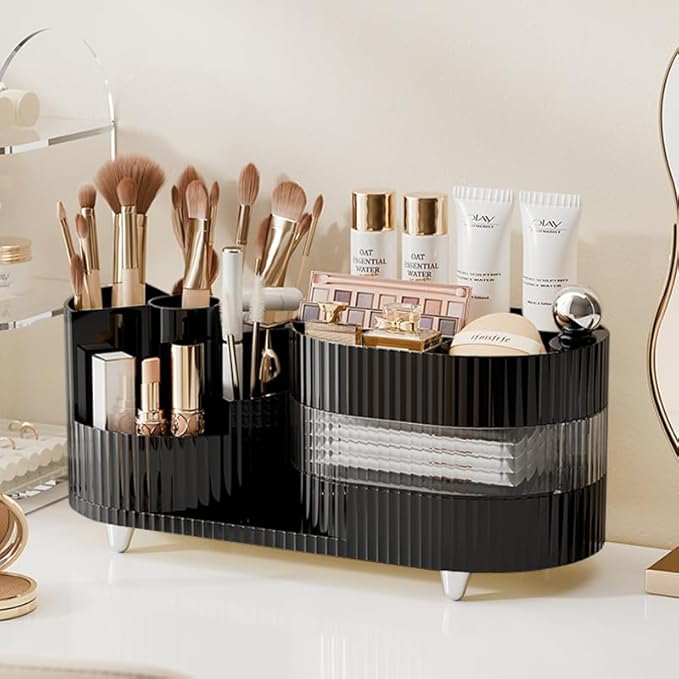Rotating Vanity Organizer with Brush Holder and Drawer, 3 Layer Cosmetic Skincare Storage, Large Countertop Makeup Perfume & Lotions Display Case (Black)
