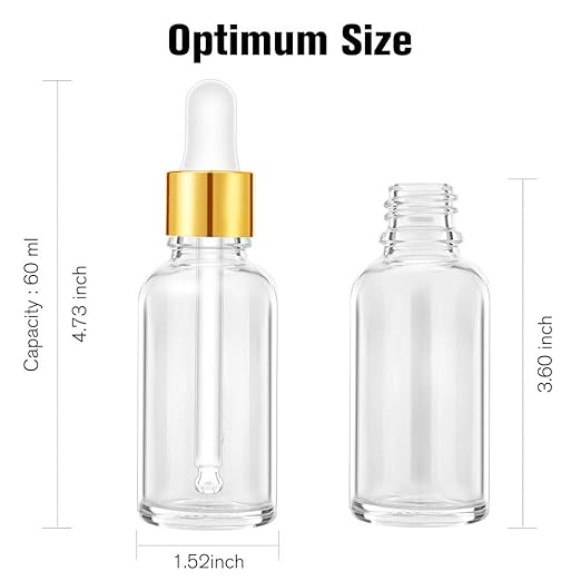PrettyCare Eye Dropper Bottle 2 oz (12 Pack Clear Glass Bottles 60ml with Golden Caps, 24 Labels, Funnel & Measured Pipettes) Empty Tincture Bottles for Essential Oils
