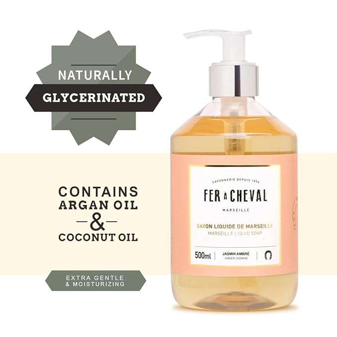 Fer à Cheval Liquid Marseille Soap, French Luxury Savon Liquide De Marseille Soap, Amber Jasmine, 500ml/16.9fl oz