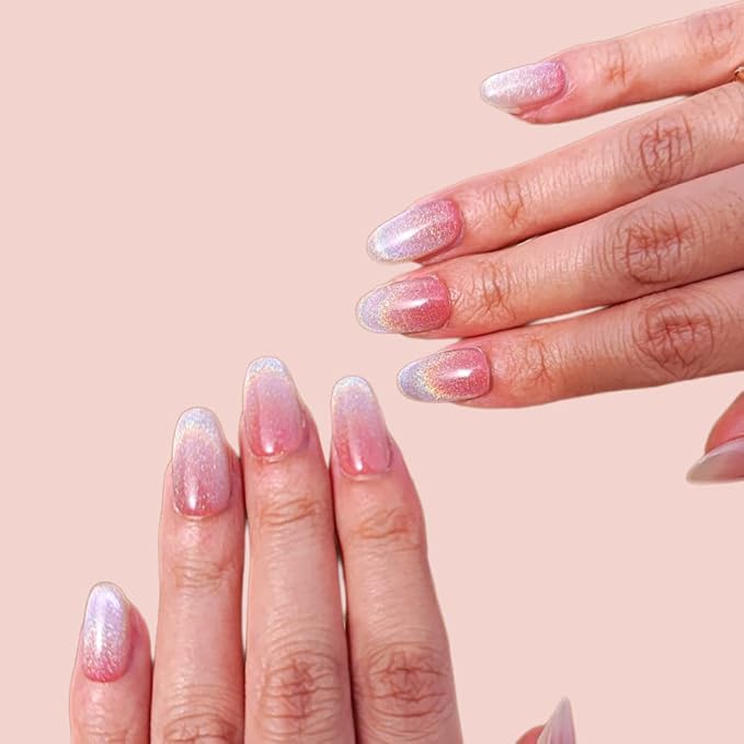 Press on Nails Handmade Nails 3D Press on Nails Short Medium Oval Almond Nails Fake Nails Glitter Cat Eye Nails Gel Nails Durable Reusable False Nails 10 Pcs (Dream Glow, M)