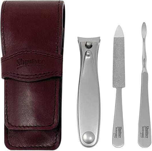 Shpitser Solingen Luxuries TopInox Surgical Stainless Steel German Hand Sharpened Manicure Pedicure Travel Set Grooming kit In Italian Leather Case Made in Solingen Germany (Dark Drown)