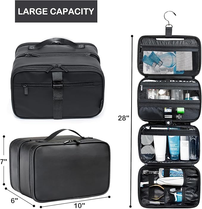 BAGSPRITE Large Hanging Toiletry Bag for Men and Women - Water-Resistant Travel Toiletry Bag - Makeup Cosmetic Bag Travel Organizer for Accessories, Shampoo, Full-size Container