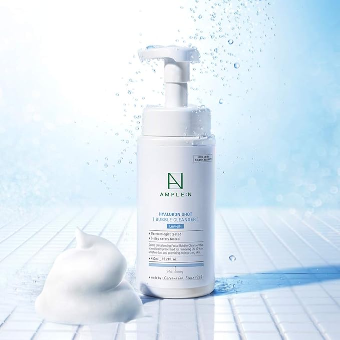 CORÉANA AMPLE:N Hyaluron Shot Bubble Cleanser – Korean Moisturizing Foaming Facial Cleanser with Hyaluronic Acid - Bubble Face Wash to Control Sebum - Oil Excretion and Refine Texture, 15.2 fl.oz.