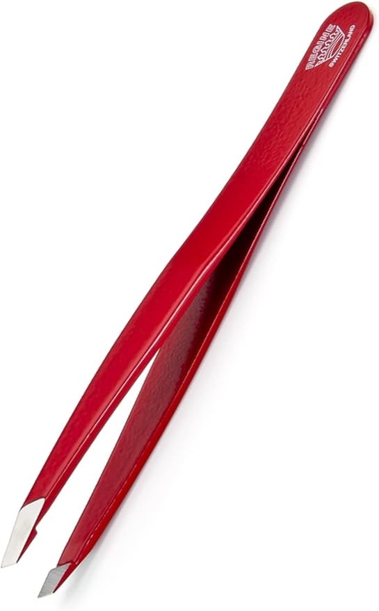 Slant Tweezer - Handmade in Switzerland - Professional Eyebrow & Facial Hair Remover - Etched Interior Grabs Hair from The Root - Perfectly Aligned Tips - Stainless Steel, Red