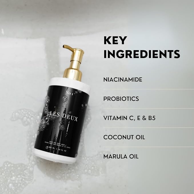 Les Deux Body Wash - Nourishing & Hydrating Natural Body Cleanser with Niacinamide, Probiotics, Rosehip & Marula Oils, No 1 - (Incense, Cedar, Rosewood). Sulfate Free body wash