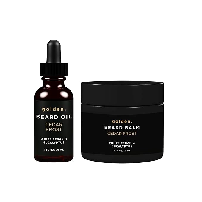 Golden Grooming Beard Oil & Balm Bundle for Men | Natural Growth Kit with Shea Butter | 2oz Balm & 1oz Oil| Cedar Frost