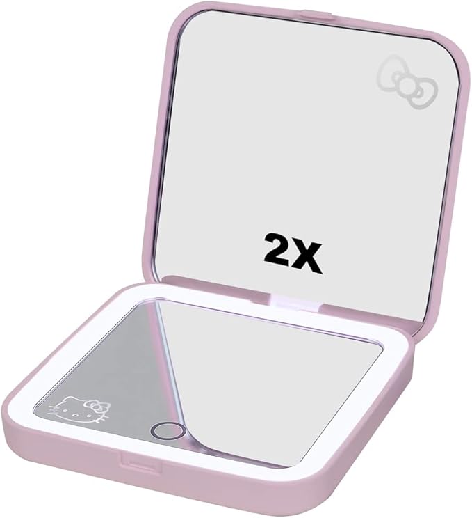 Impressions Vanity Hello Kitty Supercute Compact Mirror with Touch Sensor Switch for Adjustable Brightness, Lighted Makeup Mirror with LED Lights and 2X Magnifying Mirror Top (Pink)